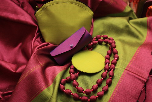 Large shawl with silk coin purse, lipstick holder, beaded necklace and mirror